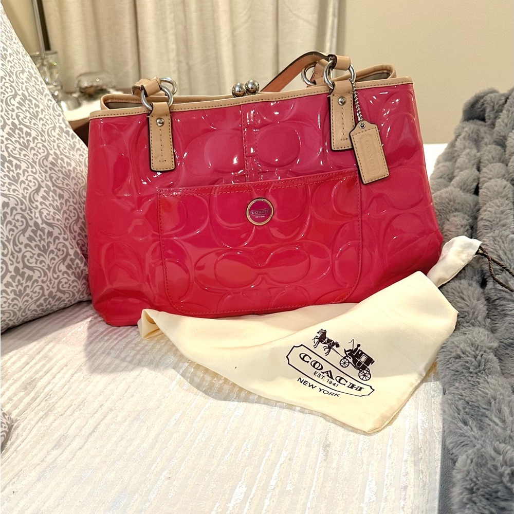 Coach Patent Leather Tote in Hot Pink with Tan Trim